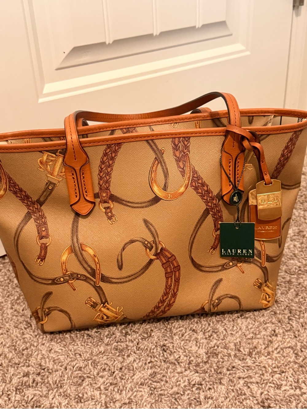 Lauren Ralph Lauren Caldwell Beltin Shopper Tote Equestrian Horsebit Bag Khaki